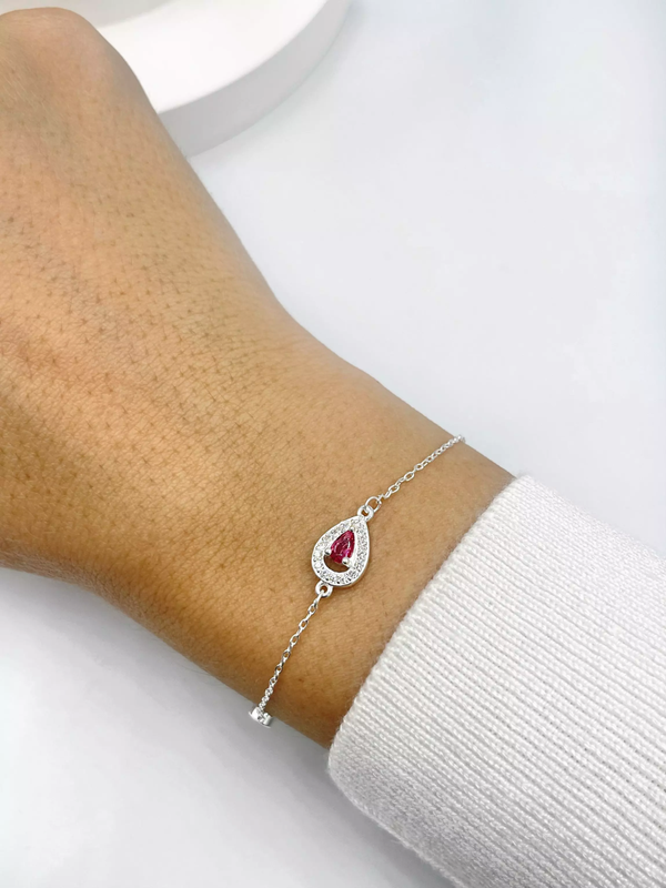 Pulseira Gota Cravejada Fúcsia - Prata 925