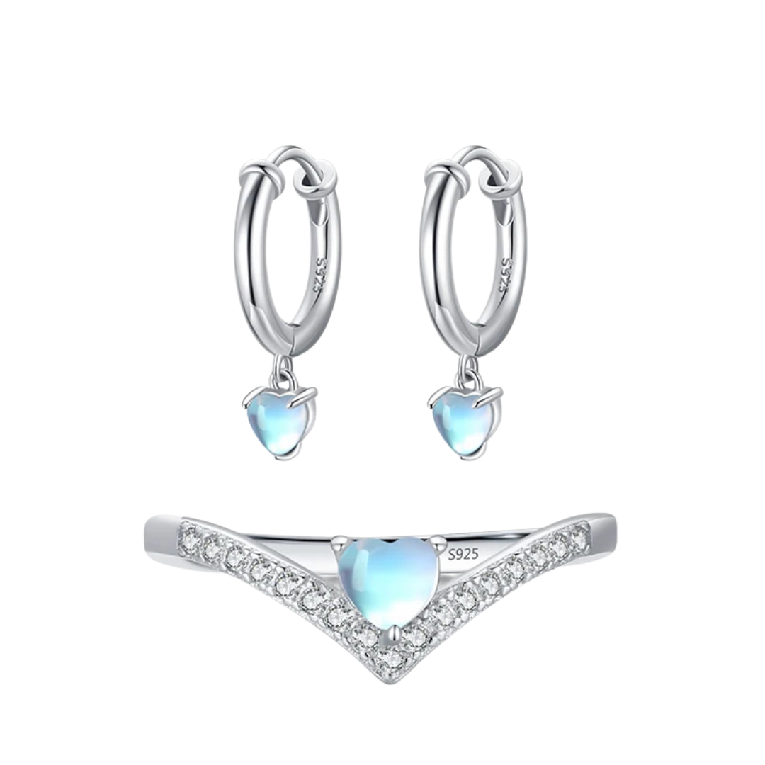 Conjunto Anel e Brinco Coração Azul Cravejado Micro Zircônias - Prata 925