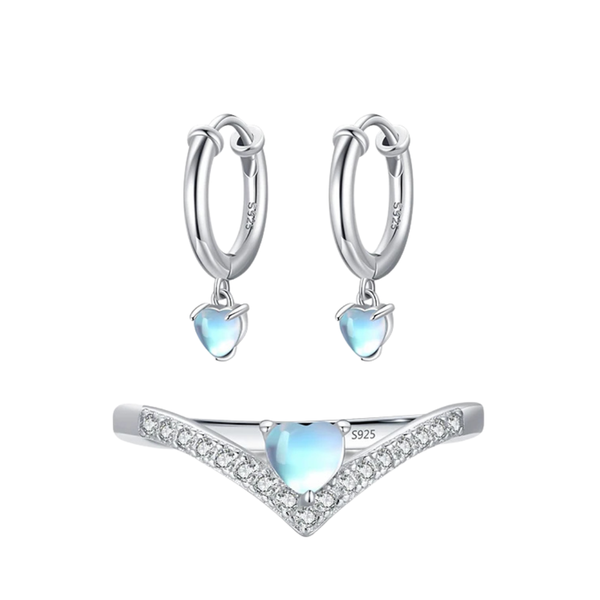 Conjunto Anel e Brinco Coração Azul Cravejado Micro Zircônias - Prata 925