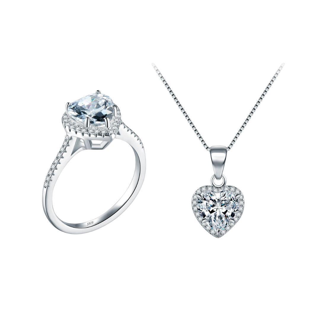 Conjunto Colar e Anel Coração Cravejado com Zircônias Naturais - Prata 925