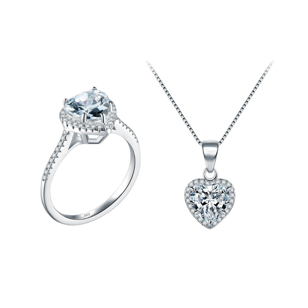 Conjunto Colar e Anel Coração Cravejado com Zircônias Naturais - Prata 925