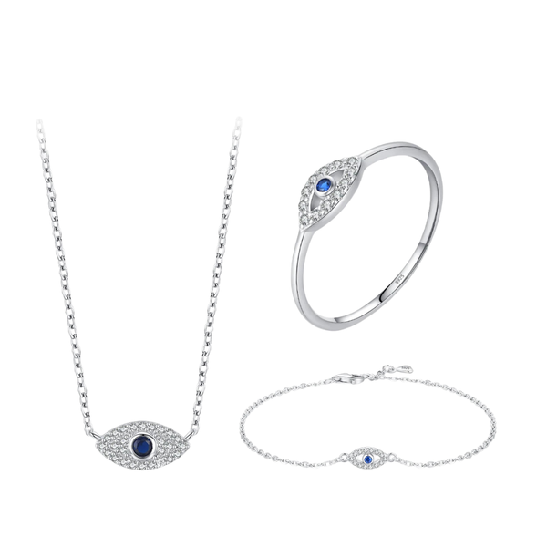 Conjunto Olho Grego Colar, Anel e Pulseira Cravejado - Prata 925