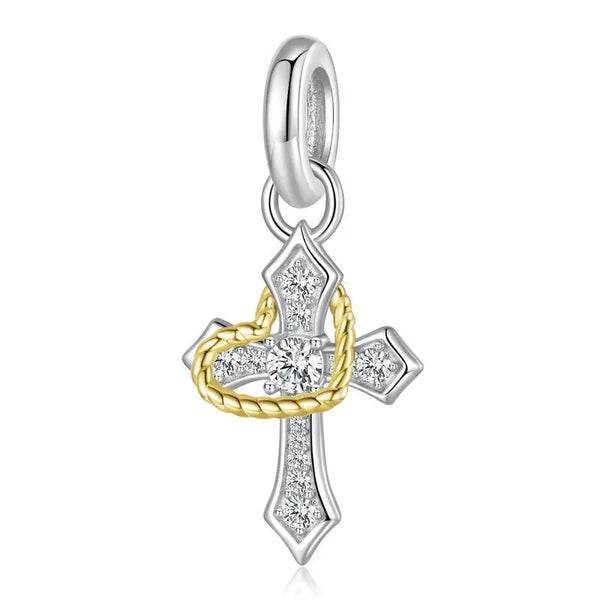 Berloque Pingente Cruz Zircônias Coração Folheado Ouro 18k - Prata 925