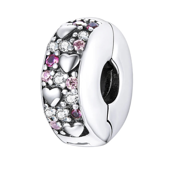 Clip de Segurança Corações Cravejado Zircônias Naturais e Rosa - Prata 925