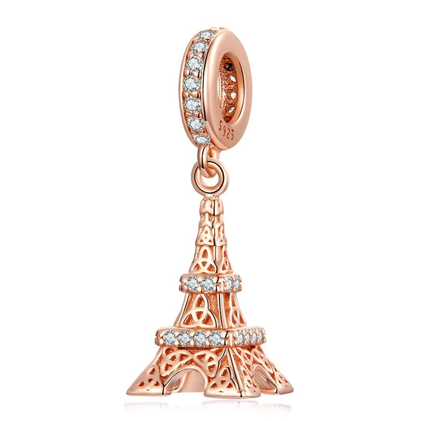 Berloque Pingente Torre Eiffel Folheado Ouro Rosé Cravejado Zircônias - Prata 925