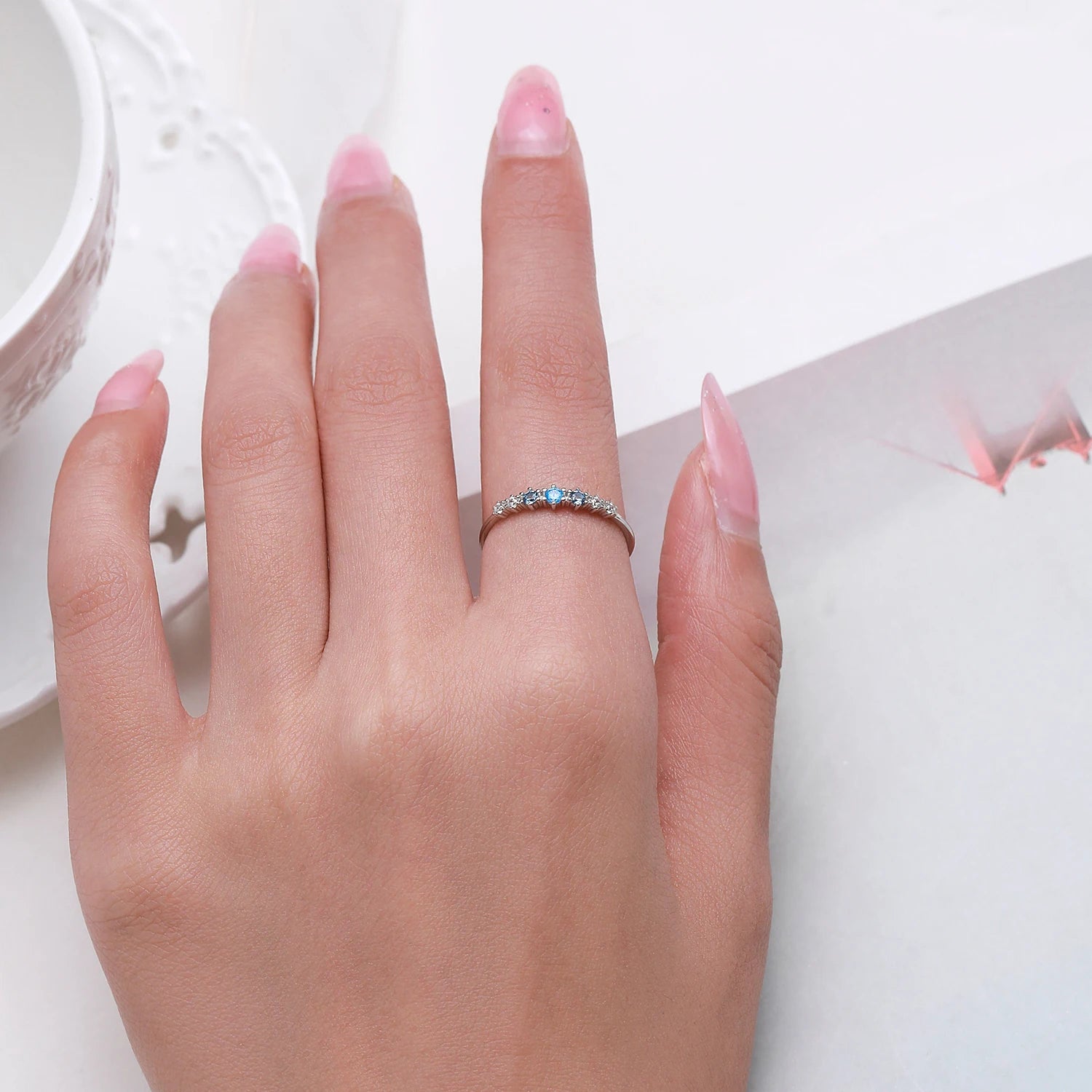 Conjunto Sereia Anel e Brinco Zircônias Azuis e Naturais - Prata 925